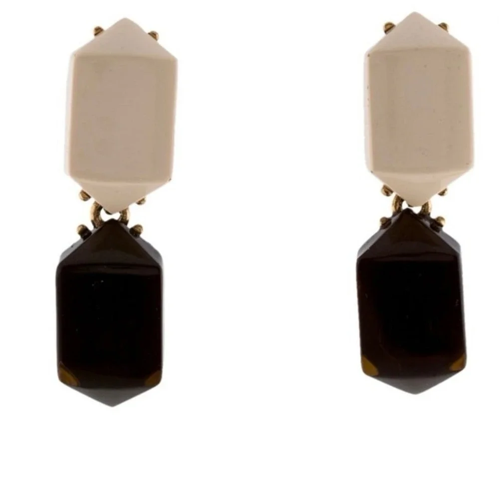 Oscar de la Renta Designer Tan Black Resin Drop Dangle Clip‎ on Earrings